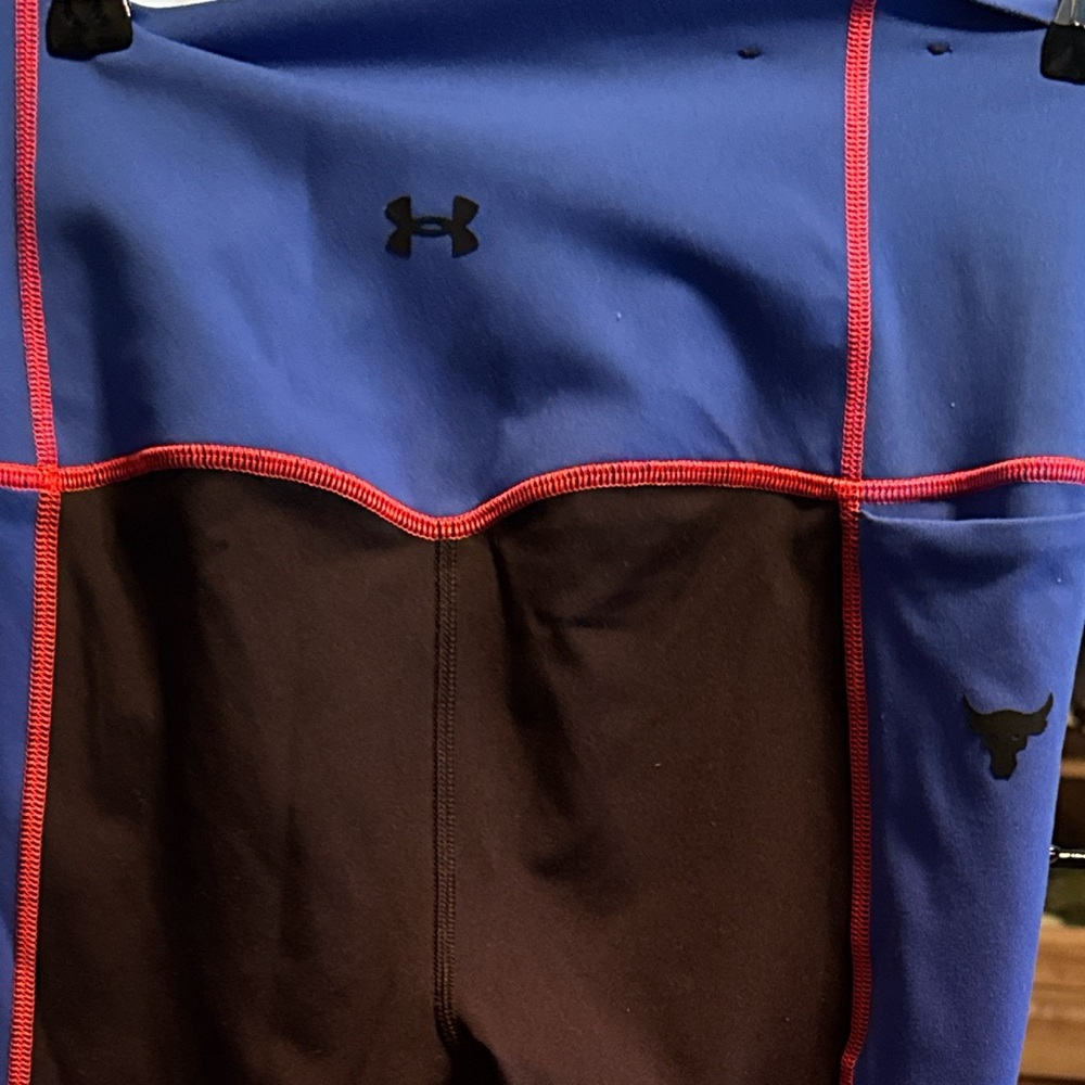 Under Armour Project Rock Blue & Black Leggings with Red Accents - Picture 2 of 4